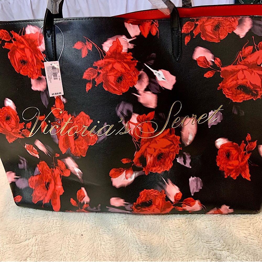 Victoria’s Secret Large Tote Bag Floral Black/Red Roses Gold Lettering
